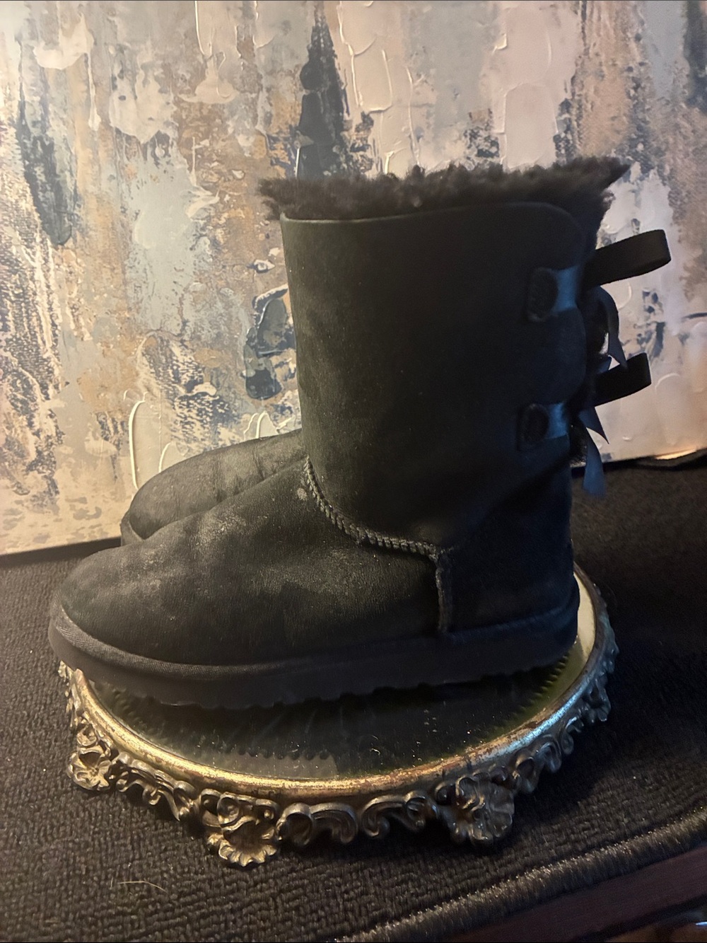 Genuine UGG Black Bailey Bow  Fur-Trim Ribbon Back Heeled Boots Womens Size 7